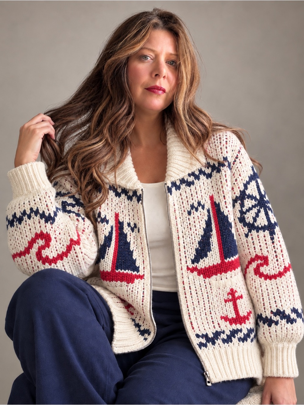 Bailey Rose Sailboat Nautical Chunky Knit Zip Cardigan Cream Navy Red